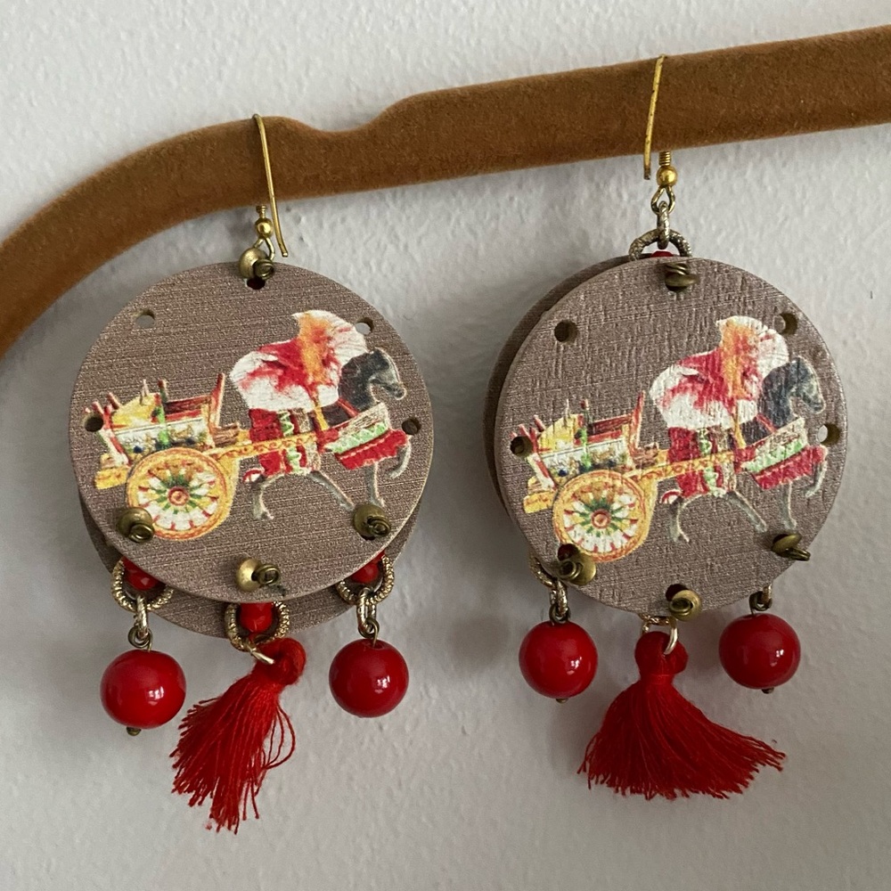 Sicilian Horse Cart Round Wooden Earrings with Red Tassels Italy Horse Carriage